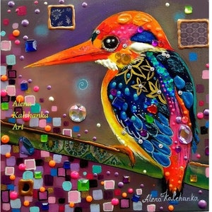 painting bird kingfisher art, original painting, framework bird, bird art, Alena kalchanka, love bird, kingfisher idea, walle decor bird