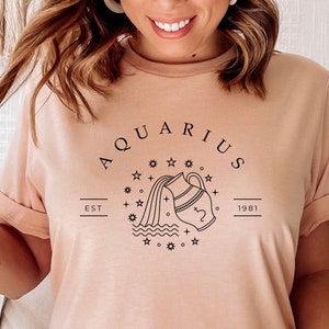 Camiseta personalizada de astrología del zodíaco de Acuario, regalo boho, regalo personalizado del año de nacimiento, camiseta con gráficos, regalo para ella