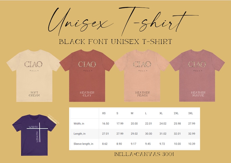 Puede incluir: Camiseta unisex con el texto "CIAO BELLA" en letras negras. La camiseta est&aacute; disponible en cinco colores: crema suave, arcilla jaspeada, melocot&oacute;n jaspeado, malva jaspeado y morado. Se incluye una tabla de tallas con medidas en pulgadas.