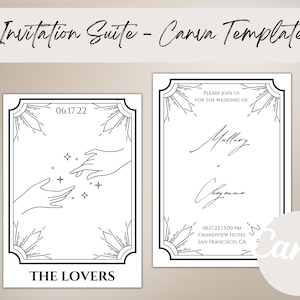 De geliefden Tarot Card Til Death Do Us Part Bruiloft uitnodiging Set, Canva sjabloon, INSTANT Download, afdrukbare uitnodiging, foto-uitnodiging