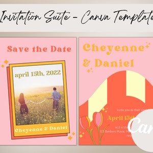 Groovy Colorful Retro 70&#39;s Wedding Invitation Set, Canva Template, Printable Invitation, Photo Invitation, Customizable