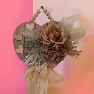 Heart Shaped Shabby Chic style hanging wall decor, lace and pearl decorated wooden heart with chiffon and pearl bow, Valentines Day Decor