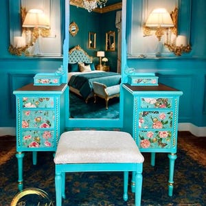 Antique Ladies Vanity, Blue Makeup Vanity, Dressing Table for Bedroom, Antique Furniture, Full Length Mirror Vanity,  Gift for Her
