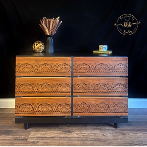 Handcrafted Mid-Century Modern Walnut Dresser, Stenciled 6-Drawer Sideboard