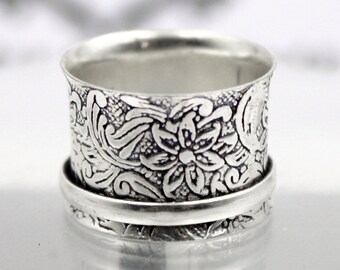 Sterling Silver Floral Spinner Ring, Handmade Wide Band Fidget Ring Gift