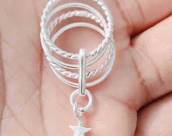 Sterling Silver Star Charm Ring: Dangle Pendant, Boho Stacking Bands
