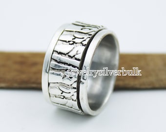 Spinner Ring, 925 Sterling Silver, Forest Ring, Silver Ring, Engraved Ring, Birch Tree Ring, Anxiety Ring, Meditation Ring, Handmade Jewelry