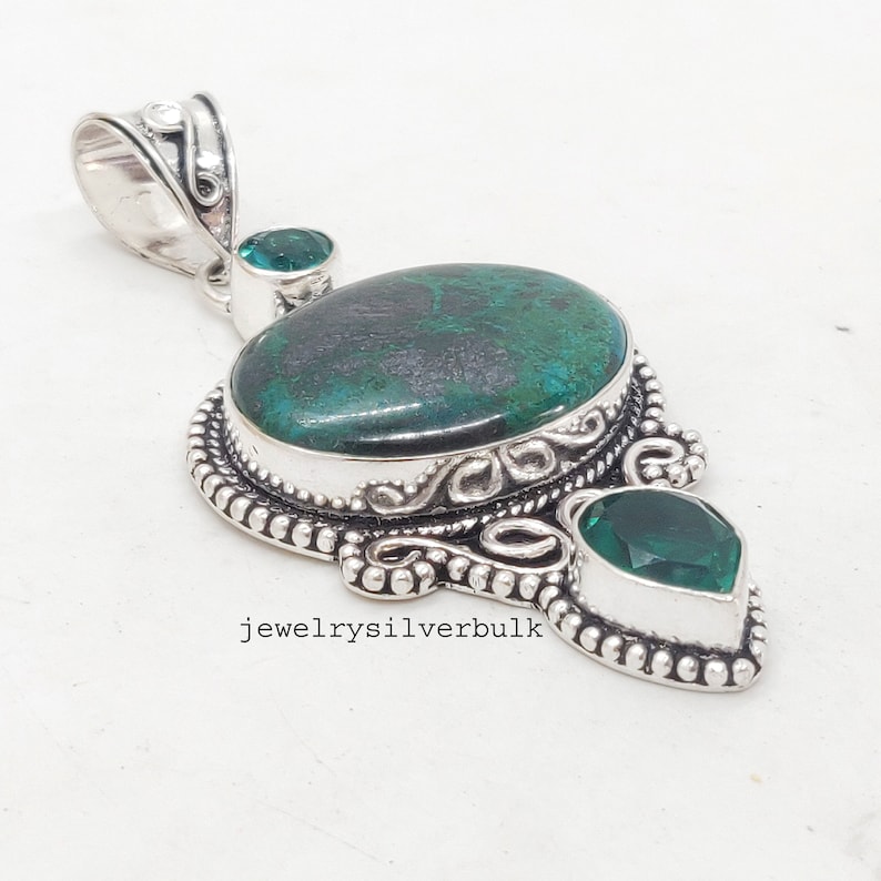 Jewelry Ss688 Blue Topaz Silver Pendant Emerlad Gemstone 925 Sterling Silver Chrysocolla Handmade