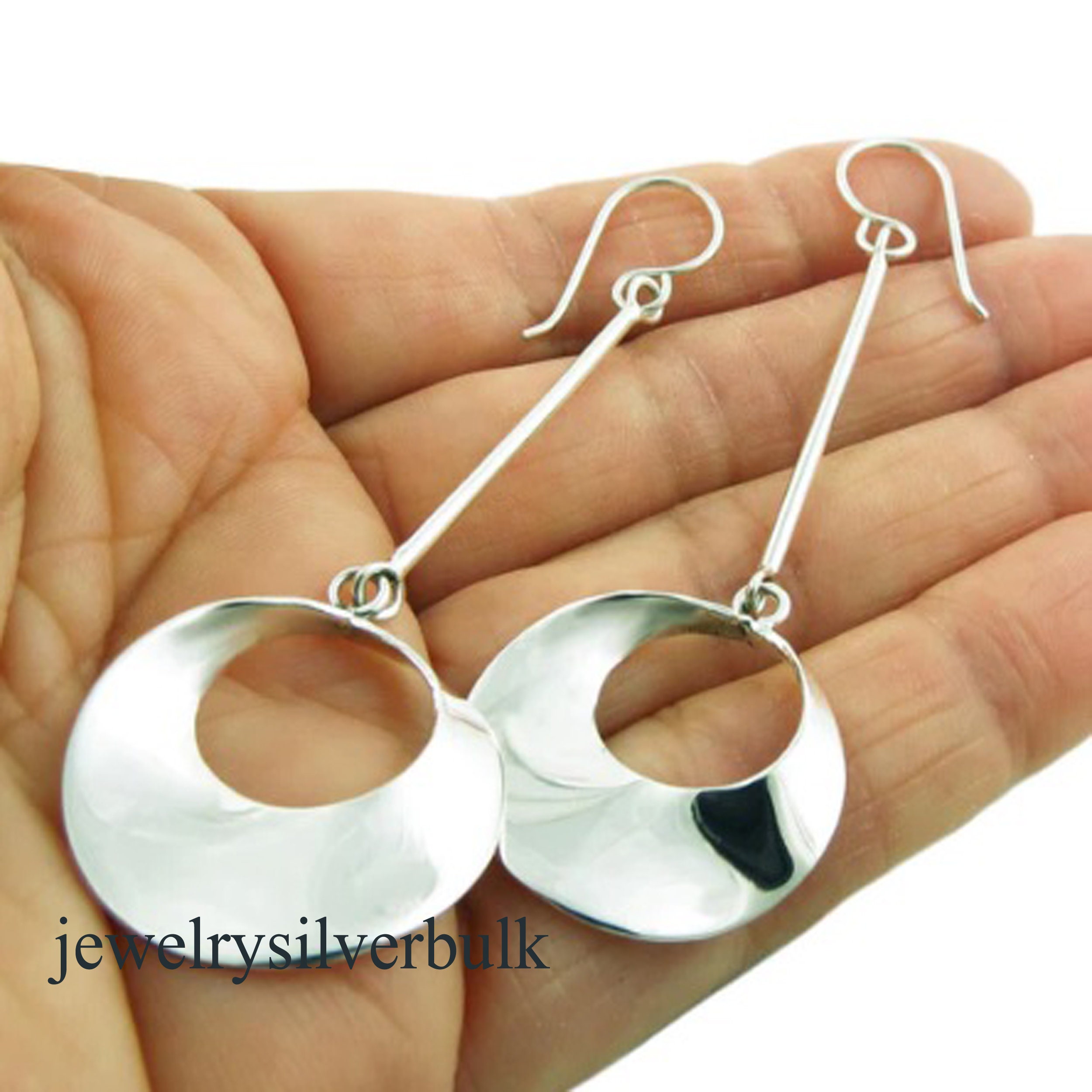 Handmade Sterling Silver Dangle Earrings: Twisted Circle Stick Earrings