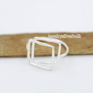 Chunky Adjustable Square Ring - Sterling Silver Plated Open Band Ring For Women