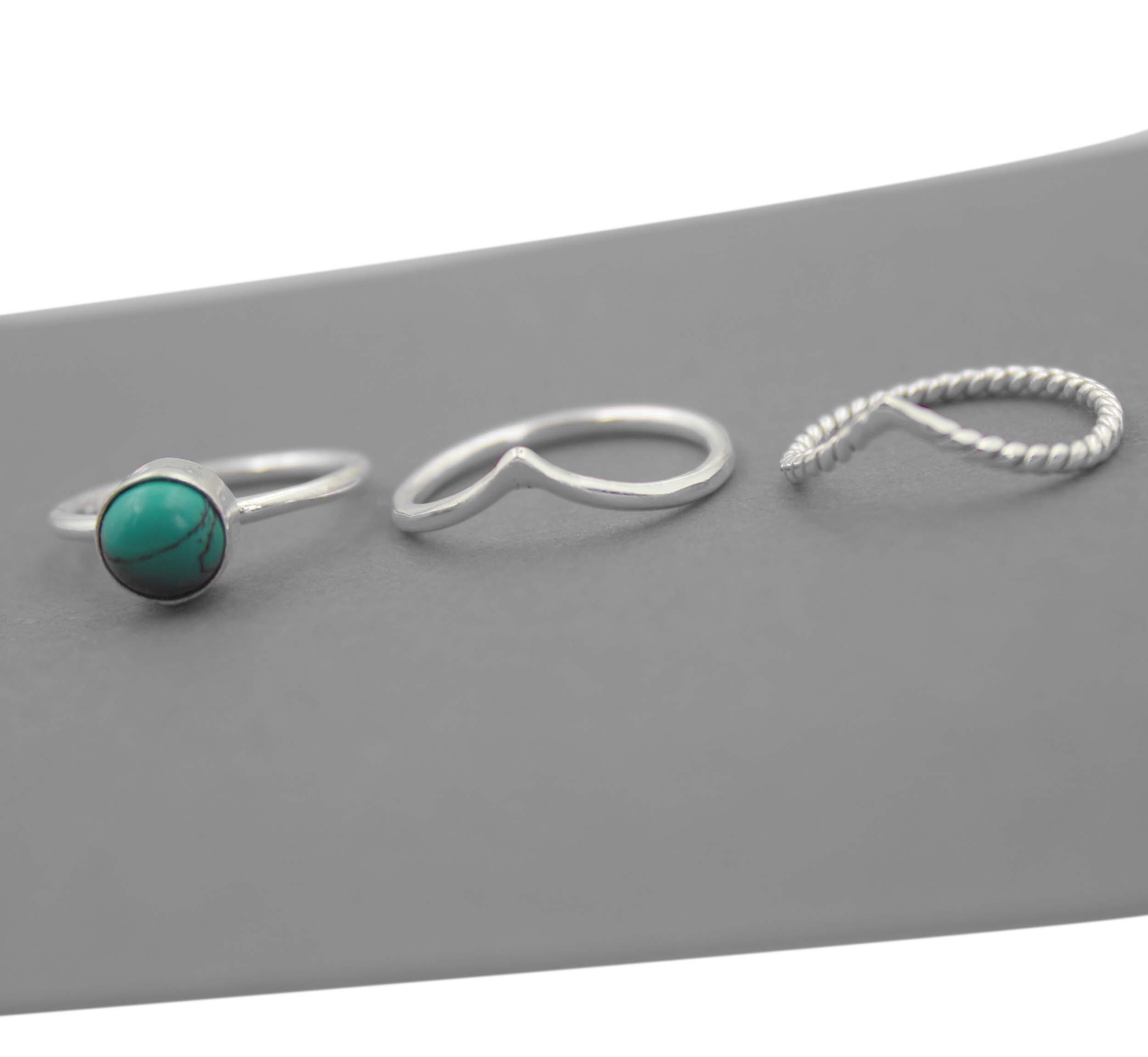 スターリングシルバーターコイズリングセット：ボヘミアンスタッカブル