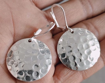 Hammered Disc Earrings 925 Sterling Silver Leverback Handmade