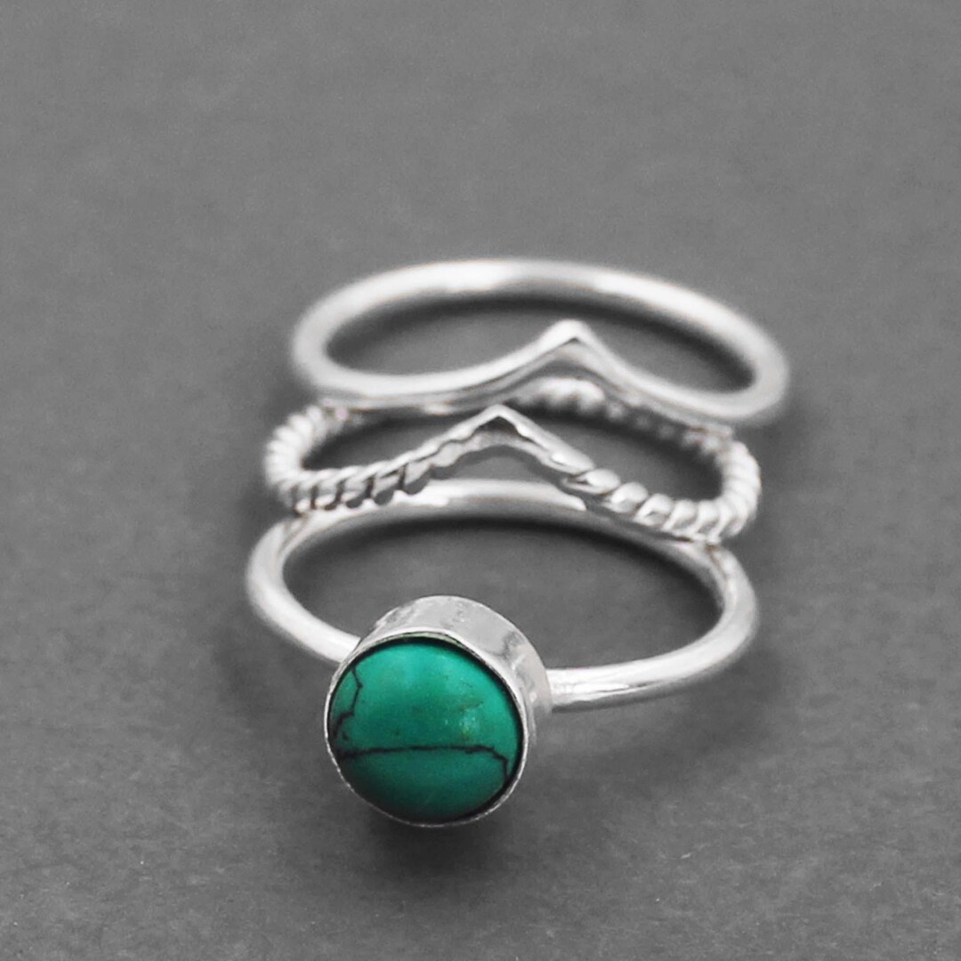 スターリングシルバーターコイズリングセット：ボヘミアンスタッカブル