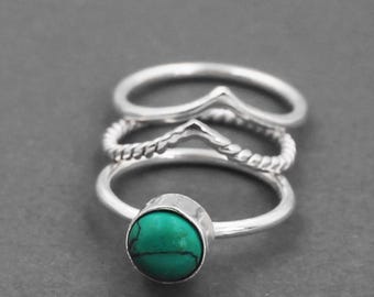 スターリングシルバーターコイズリングセット：ボヘミアンスタッカブル