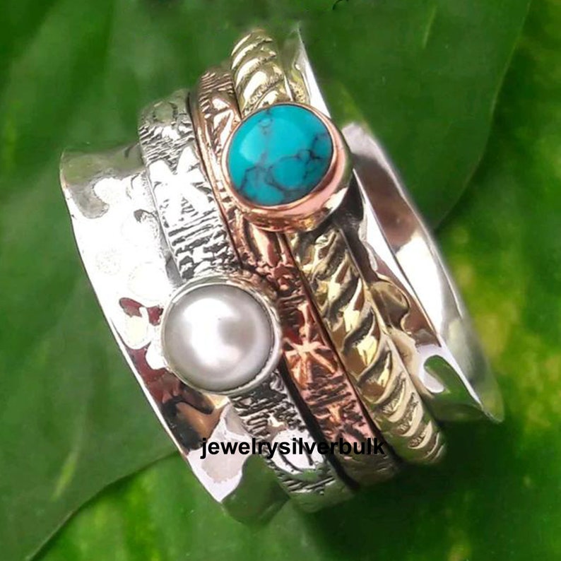 925 Silver Ring Fidget Ring Ss-265 Anxiety Ring Spinner Ring Women Ring Pearl Ring Worry Ring Thumb Ring Turquoise Ring