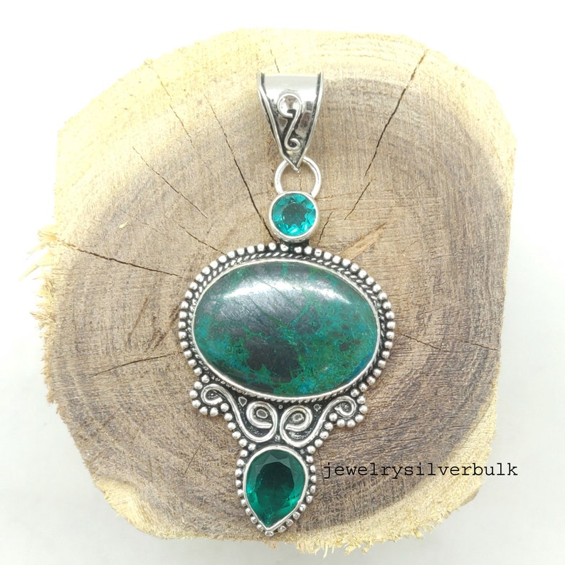 Jewelry Ss688 Blue Topaz Silver Pendant Emerlad Gemstone 925 Sterling Silver Chrysocolla Handmade