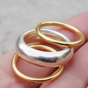 Handmade Sterling Silver & Brass Dome Ring Set, Stackable Bands