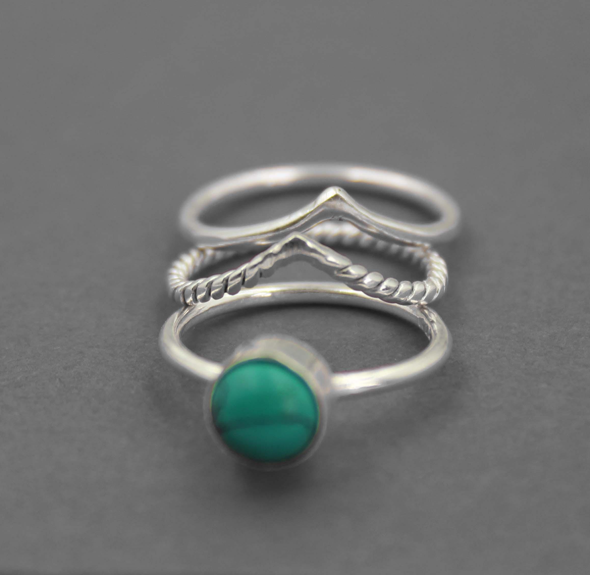 スターリングシルバーターコイズリングセット：ボヘミアンスタッカブル