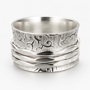 Sterling Silver Spinner Ring, Wide Meditation Band, Anxiety Fidget Ring, Handmade Unisex Jewelry