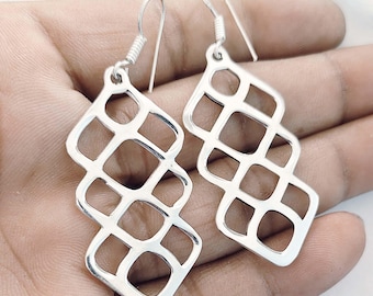 Geometric Grid Dangle Drop Earrings: 925 Sterling Silver Statement Jewelry