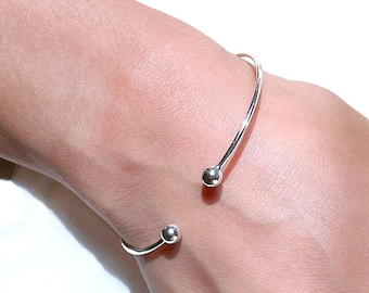 Handcrafted Sterling Silver Open Cuff Bracelet, Adjustable Bracelet, Minimalist Wrist Bangle, Silver Torque Bangle, Silver Ball Bracelet,