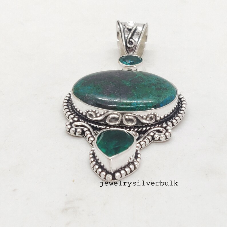 Jewelry Ss688 Blue Topaz Silver Pendant Emerlad Gemstone 925 Sterling Silver Chrysocolla Handmade