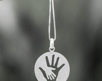 Sterling Silver Hand in Hand Pendant: Mother Child Family Necklace