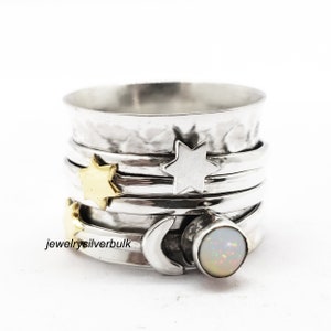 Ethiopian Opal Gemstone, Stars And Moon Ring, Spinner Ring, 100% 925 Sterling Silver, Meditation Anxiety Fidget Ring, Boho Jewelry Ss-611
