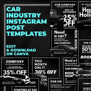 以下が含まれることがあります： 自動車会社向けの白黒のInstagram投稿テンプレート。テンプレートには、車の画像と、「自動車業界Instagram投稿テンプレート」、「Canvaで編集＆ダウンロード」、「会社」、「今月は30％オフ！」、「車が必要ですか？」、「自動車会社」、「今すぐ予約」、「詳細についてはストアリンクをご覧ください」、「会社名」というテキストが表示されています。