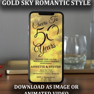 Invito digitale animato romantico con nuvole del cielo d'oro, biglietto di compleanno per anniversario di matrimonio