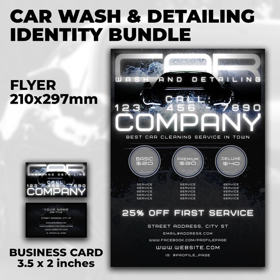 Car Wash Flyer Template, Car Detailing Business Card, Canva Premade Design Bundle