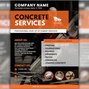 May include: An orange and black flyer promoting concrete services. The flyer includes the company name, address, and contact information. Text on the flyer includes "Concrete Services", "Footing", "Foundations", and "Driveways". A construction worker is visible in the background.