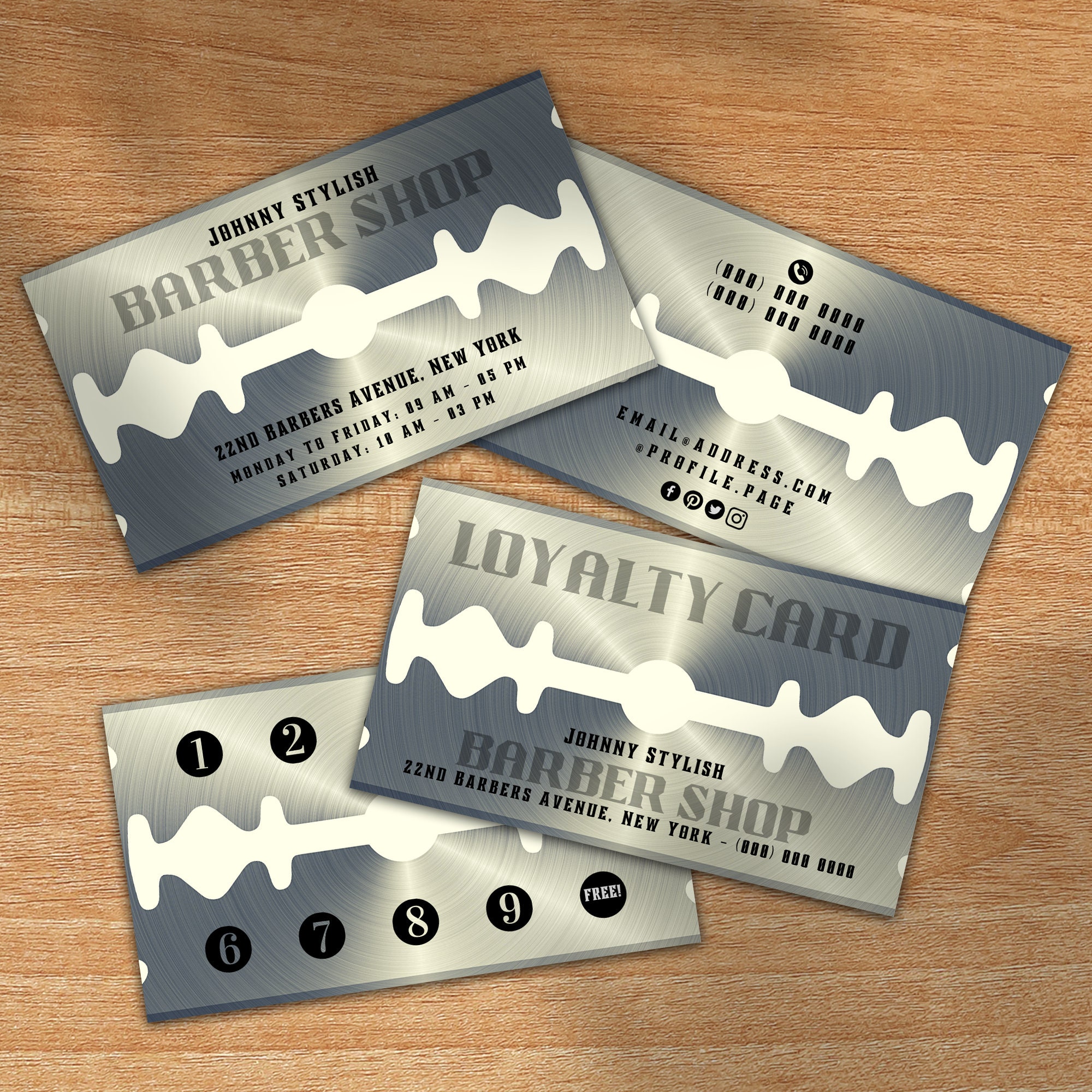 Barber Shop Faux Razor Blade, Shaver Looks Business Card, Loyalty Card Template, Canva