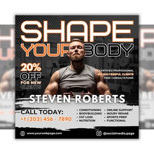 May include: A fitness advertisement featuring a bearded person in a grey tank top holding a kettlebell. Text includes SHAPE YOUR BODY, 20% OFF FOR NEW CLIENTS, STEVEN ROBERTS, contact information, and a list of services like conditioning and bodybuilding.