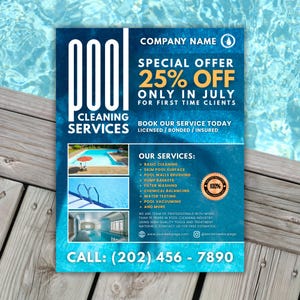 Peut inclure: Un dépliant rectangulaire pour des services de nettoyage de piscine sur fond d'eau bleue. Il affiche le texte Pool Cleaning Services, Special Offer 25% Off Only In July, et une liste de services. Inclut trois photos de piscine et le numéro 202-456-7890.
