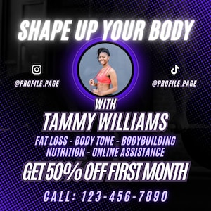 Puede incluir: Un gráfico morado y negro con texto blanco que dice "Shape Up Your Body" con una foto de una mujer con un top rojo y pantalones negros sosteniendo una cuerda para saltar. El texto también dice "With Tammy Williams" y "Fat Loss - Body Tone - Bodybuilding - Nutrition - Online Assistance" y "Get 50% Off First Month" y "Call: 123-456-7890".