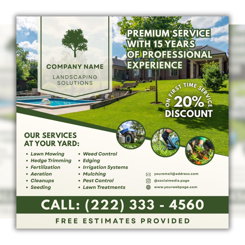 May include: A landscaping solutions advertisement with a green and white color scheme. The ad includes a company logo, a list of services, and contact information. It highlights a 20% discount for first-time service and 15 years of professional experience.