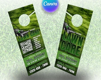 Modelo de placa para pendurar na porta anunciando serviços de jardinagem, paisagismo e corte de grama. Material de marketing disponível no Canva.