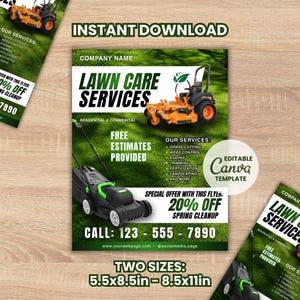 May include: A flyer for lawn care services, featuring an orange riding mower and a black push mower. Text includes "Lawn Care Services," "Free Estimates," and a 20% off spring cleanup offer. Available in 5.5x8.5 inch and 8.5x11 inch sizes.