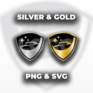 May include: Two shield-shaped logos, one silver and one gold, with a car silhouette and stars inside. The text "SILVER & GOLD" is above, and "PNG & SVG" is below. The logos are on a white background.