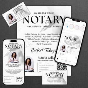 May include: A business card, flyer, and two smartphones displaying a notary public logo and contact information. The design is mainly black and white, with the name "Joanna Williams" and the phrase "Contact Today!" prominently featured. The business name is "NOTARY".