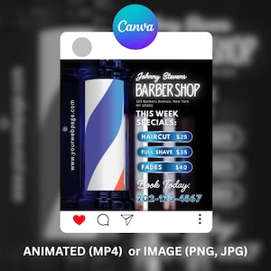 May include: An Instagram post promoting Johnny Stevens Barber Shop. The image features a barber pole with blue, white, and orange stripes. Text includes shop name, address, weekly specials, and a phone number to book an appointment.