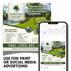May include: A landscaping solutions advertisement with a green and white color scheme. The ad includes a company logo, service list, and contact information. The ad also states "Premium Service with 15 Years of Professional Experience."