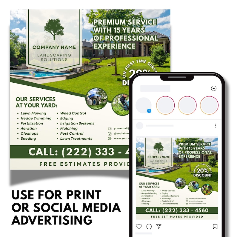 May include: A landscaping solutions advertisement with a green and white color scheme. The ad includes a company logo, service list, and contact information. The ad also states "Premium Service with 15 Years of Professional Experience."