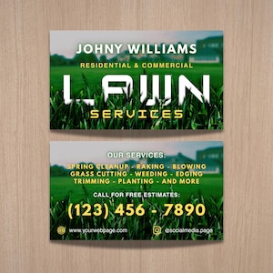 May include: Business card for lawn services. The card features the name "Johny Williams" and the words "Lawn Services" in large white letters. The card also lists services like grass cutting and weeding, and a phone number.