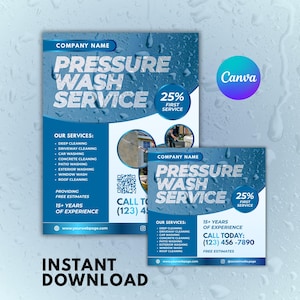 Op de afbeelding: Een blauw-witte advertentie voor een hogedrukreinigingsservice. Het ontwerp bevat de tekst "Pressure Wash Service", een kortingsaanbieding van 25% en een lijst met services. De advertentie bevat ook een telefoonnummer en een website.