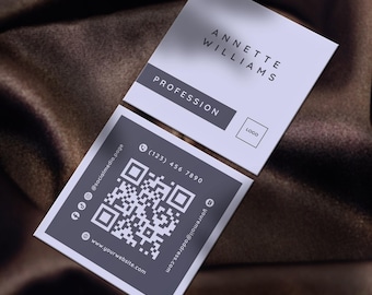 Minimalist Modern Square Business Card Template, QR Code Card, Canva Custom Design
