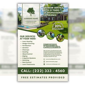 May include: A landscaping solutions advertisement with a green and white color scheme. The ad lists services like lawn mowing, hedge trimming, and weed control. It also highlights a 20% discount for first-time service.