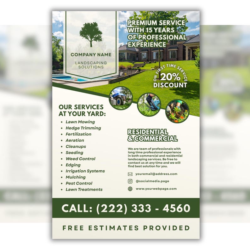 May include: A landscaping solutions advertisement with a green and white color scheme. The ad lists services like lawn mowing, hedge trimming, and weed control. It also highlights a 20% discount for first-time service.