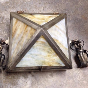 Pyramid-shaped, slag glass ceiling light. Arts-and-crafts era. Manufacturer unknown.